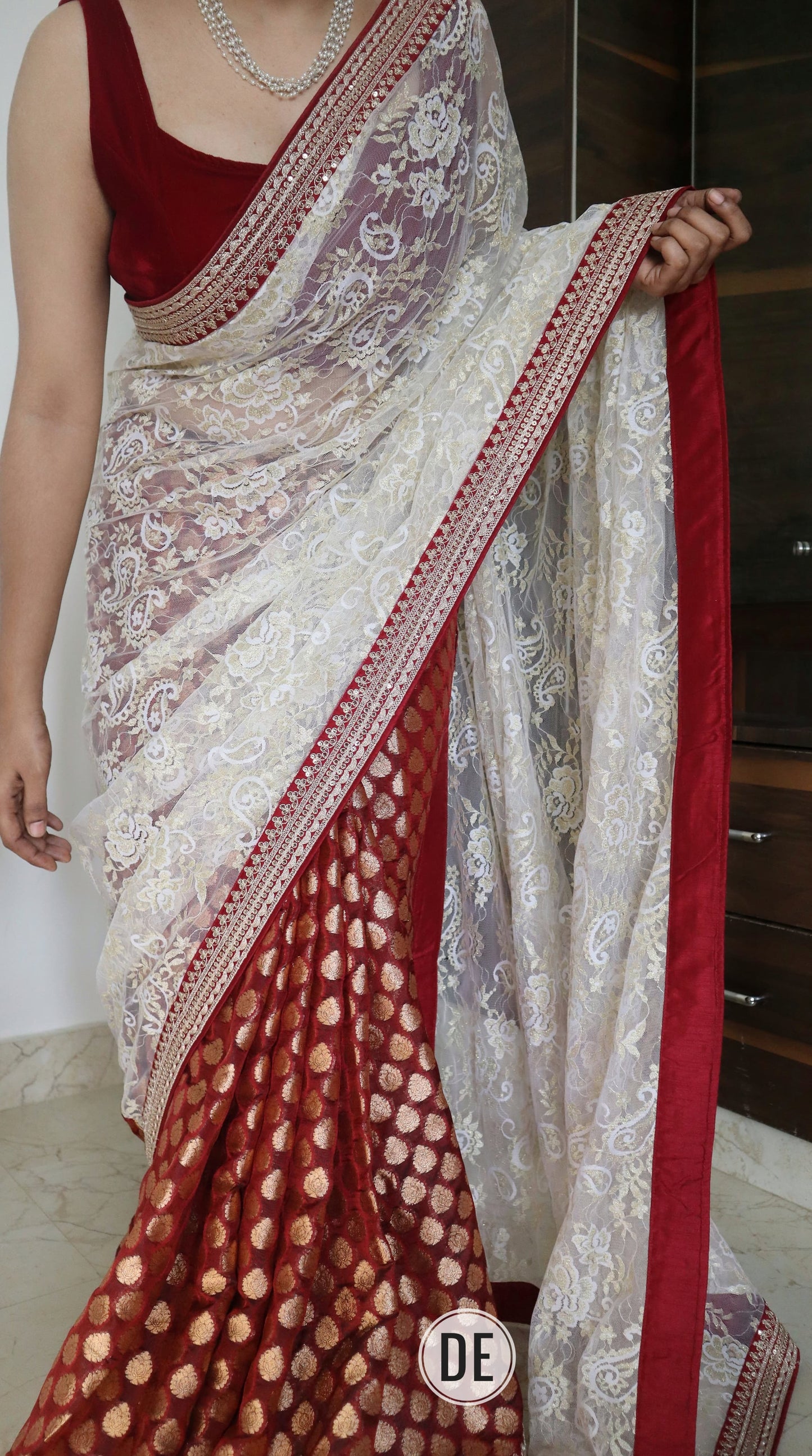 Khaddi georgette red and white